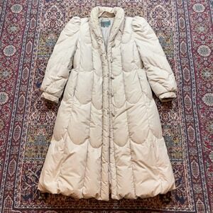 VTG 70s 80s Bibi Bros Beige Down Fill Puffer Coat Long Sleeve Full Length Zip M